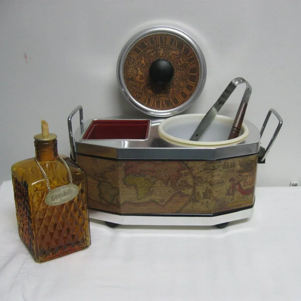 Vintage 50s Bourbon Lovers Decanter Ice Bucket Tongs Musical MCM Barware RARE